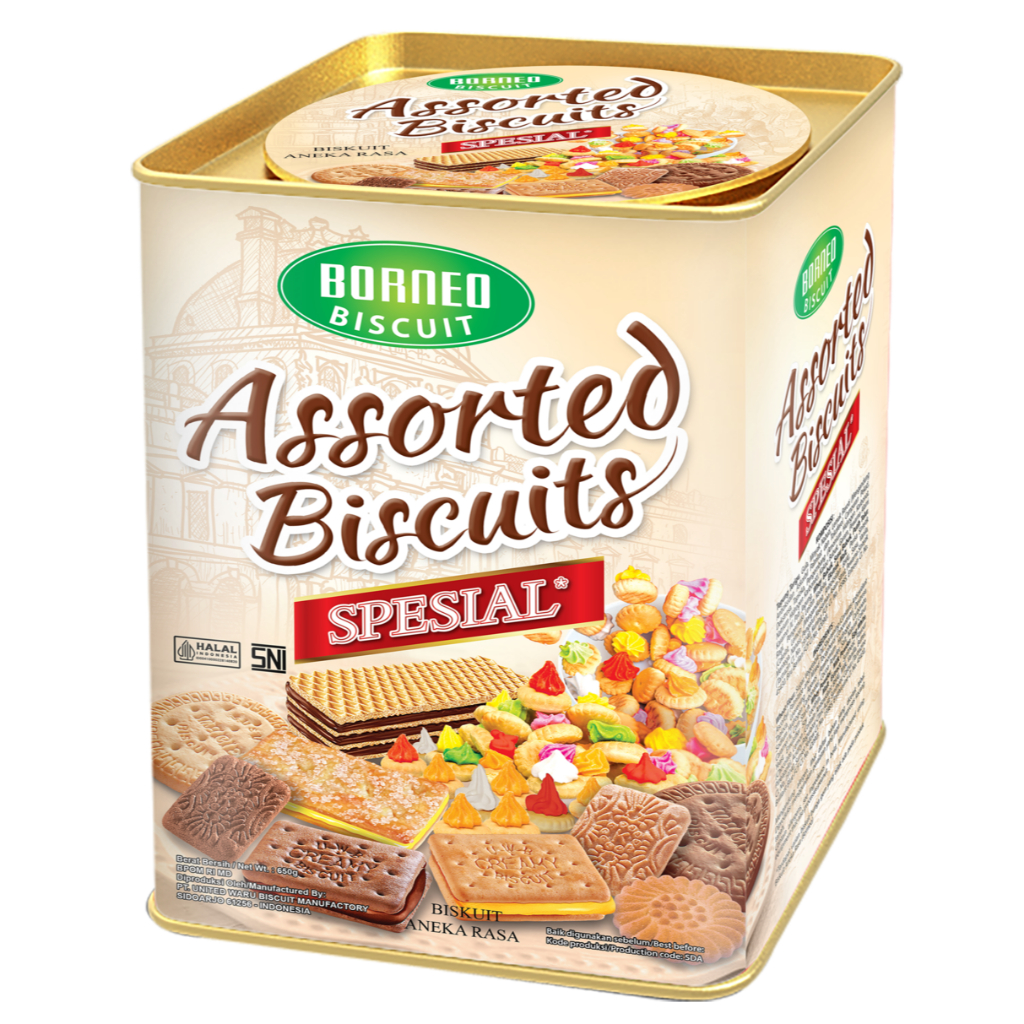 UBM Biscuit Assorted SPESIAL Borneo 650G Biskuit Lebaran Kaleng Segi