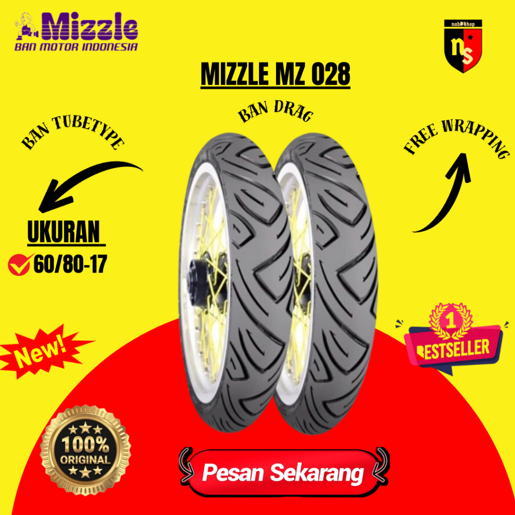MIZZLE BAN DRAG UKURAN 60/80-17 RING 17 BAN CACING TUBETYPE NONTUBELESS MZ028