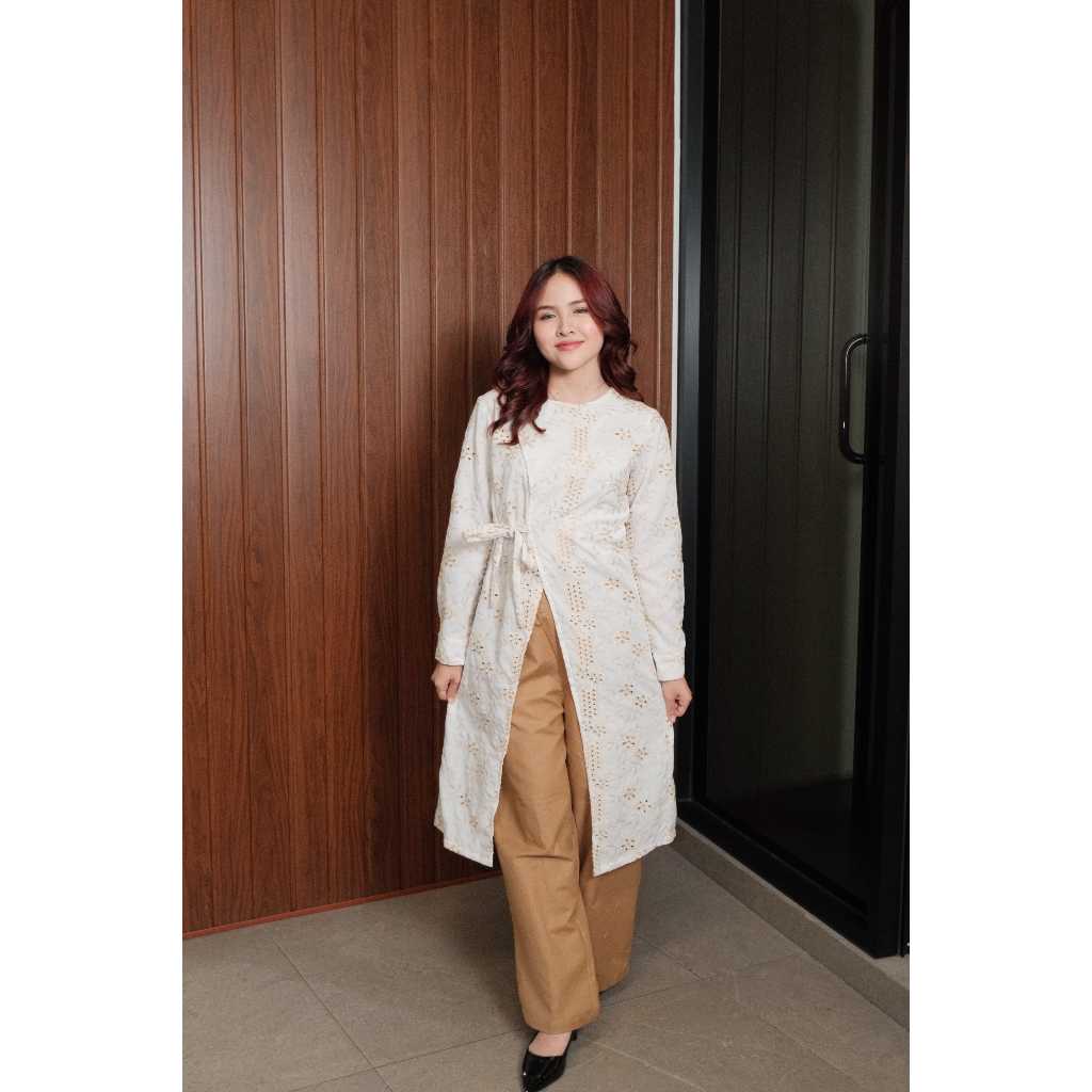 Missty Gamis Dress Tunik Warna Putih Cokelat One Set Celana Panjang Motif Burkat BEST SELLER (Stella