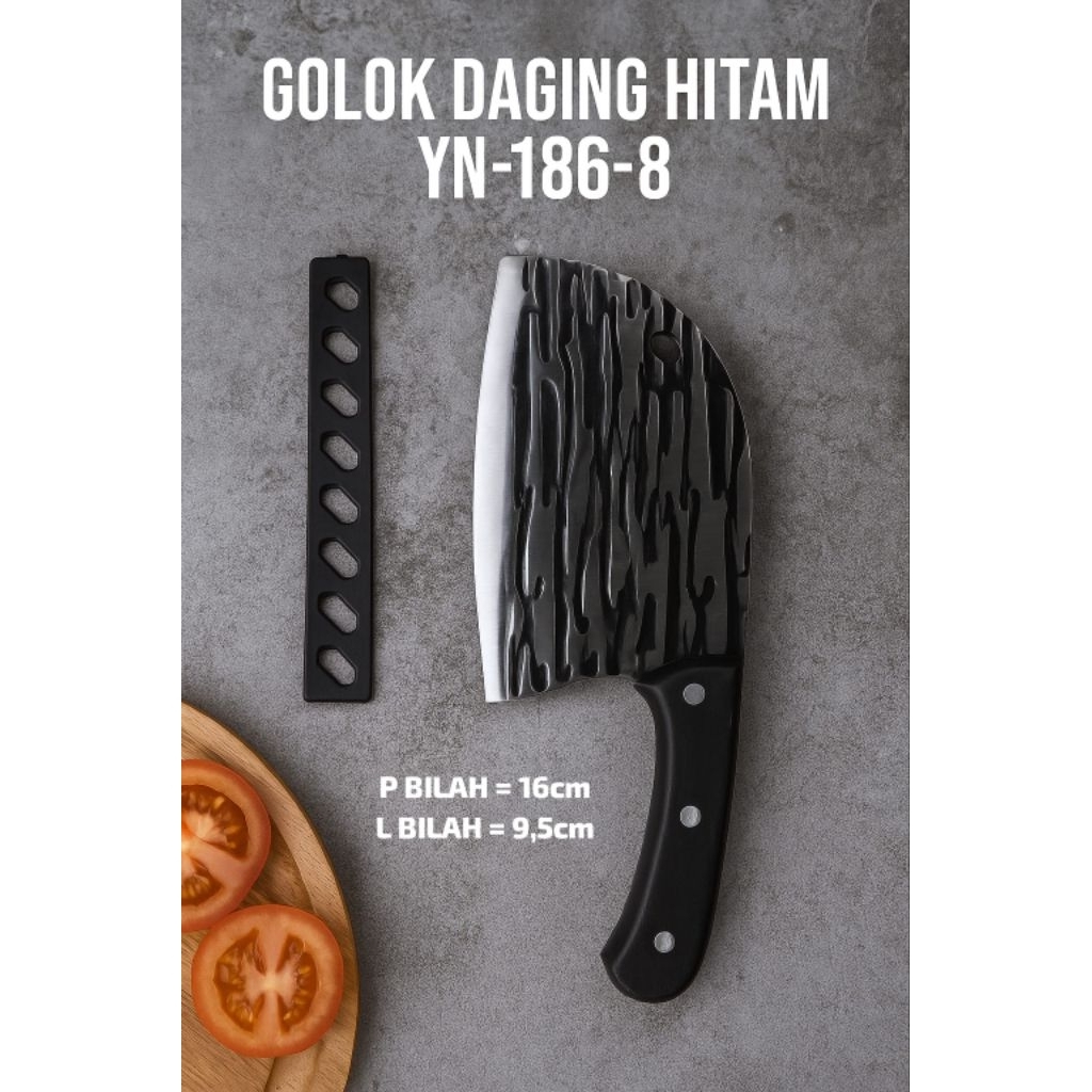 Pemotong Daging Gagang Hitam Motif YN 186-8 Potong Tulang Sapi Kambing Golok