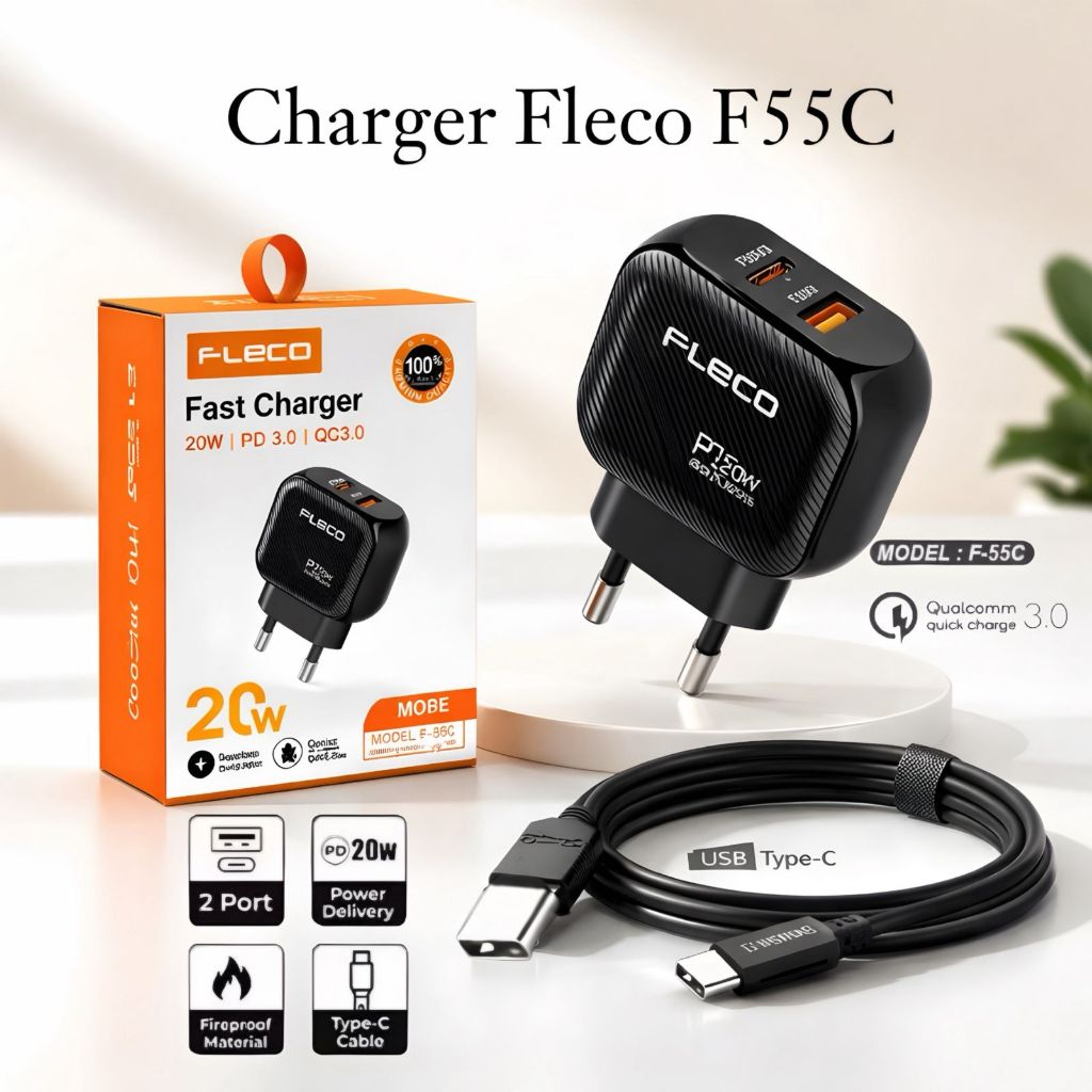 Fast Charger Fleco F55c Plus Kabel C To C Universal Portable Charger GLX