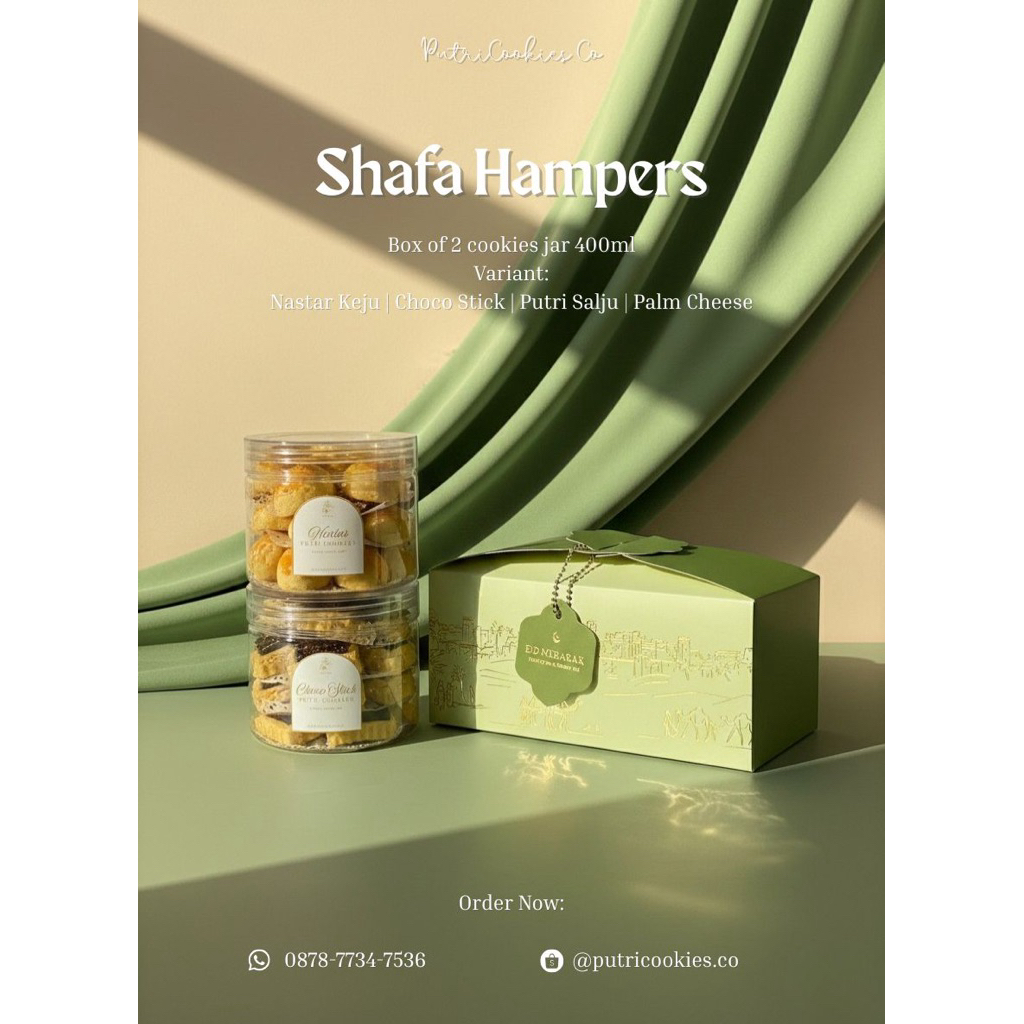 (READY STOCK) SHAFA HAMPERS Kue Kering Lebaran Eid Mubarak by Putri Cookies 2 jar 400ml Nastar/Choco