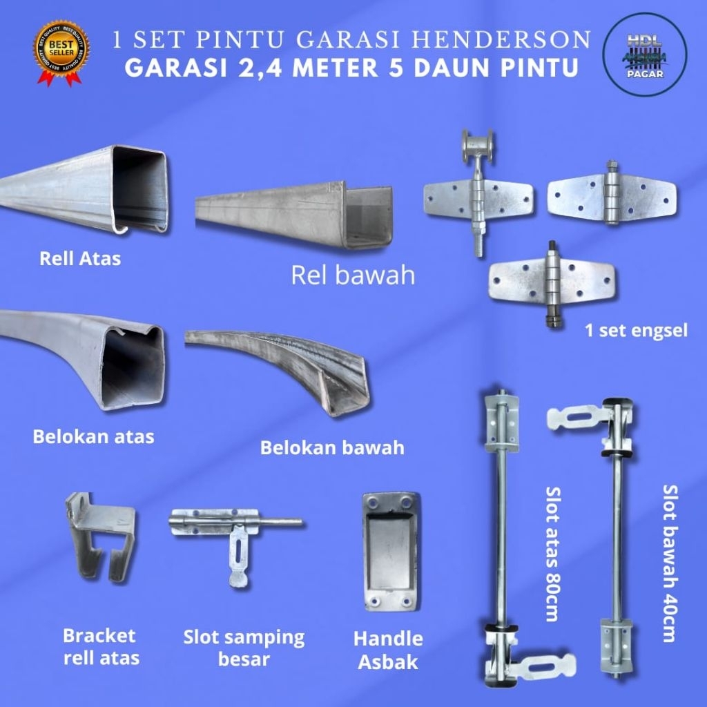 Set Rel Pintu Garasi Sliding Henderson Panjang 2.4 Meter 5 Daun Pintu - Fullset Komponen Henderson