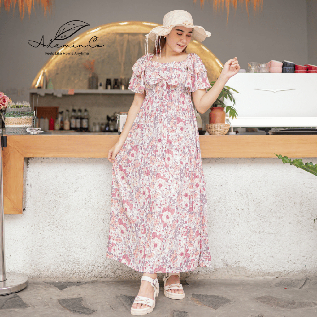 Ademin.Co GLORIA Long Dress Ruffle Sabrina Pita Rayon Reactive | DasterPanjang Semata Kaki