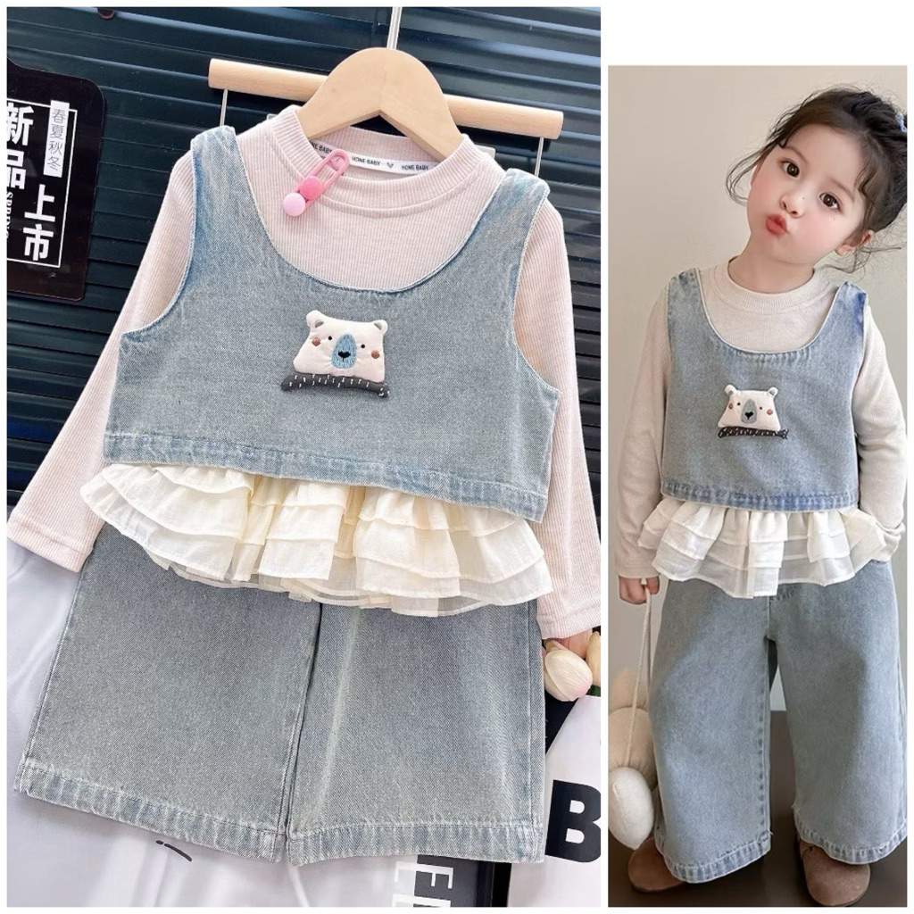 Setelan Denim Anak Perempuan Import 3in1 2 - 8 tahun Kaos Tutu + Vest + Celana Panjang Lindsay