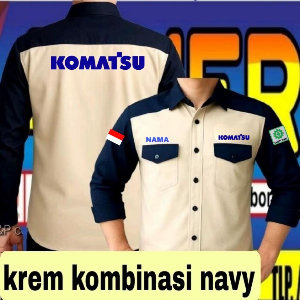 ready stok krem kombinasi navy Kemeja Komatsu baju Komatsu seragam Komatsu baju kerja Komatsu Pdl Ko