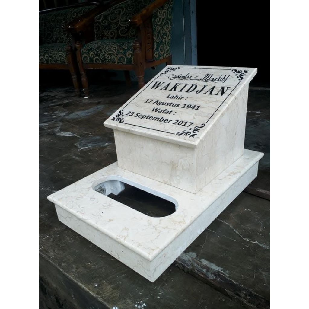 Batu Nisan Marmer Putih Mewah Model Kotak Dudukan - Grafir Nama Custom