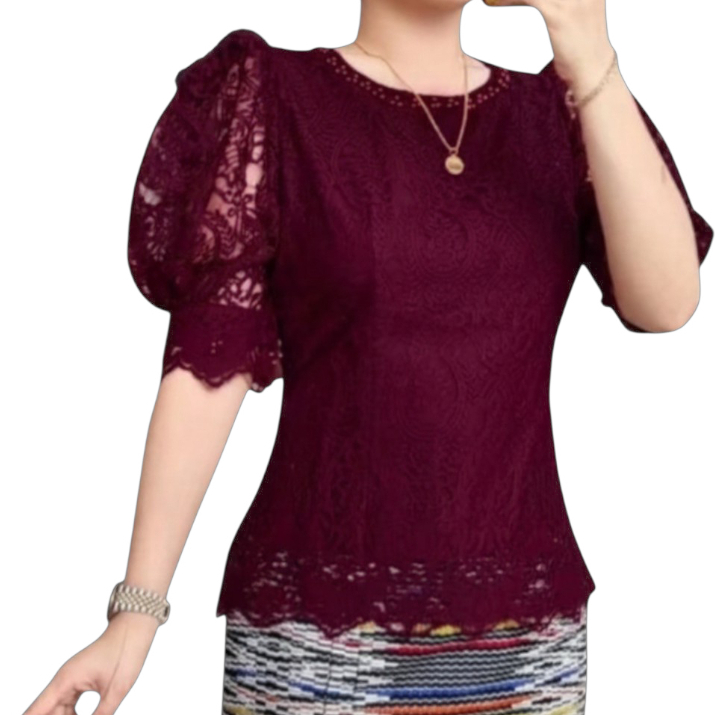 Kebaya Atasan Wanita Premium - Model Lengan Balon, Terbuat dari Renda Brokat