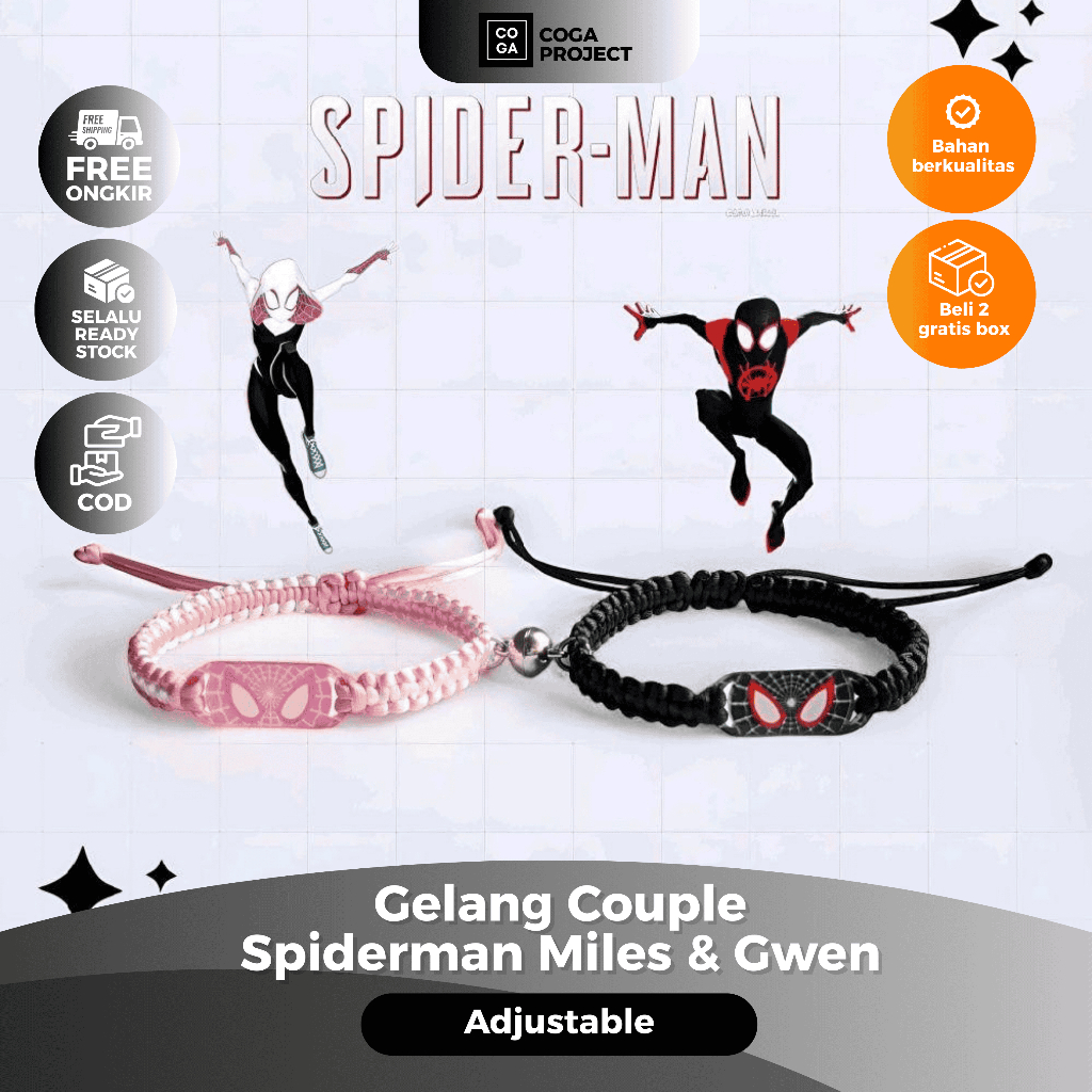 Gelang Spiderman Miles dan Gwen, Gelang Spiderman Couple Miles dan Gwen, Gelang Magnet, Gelang Satin