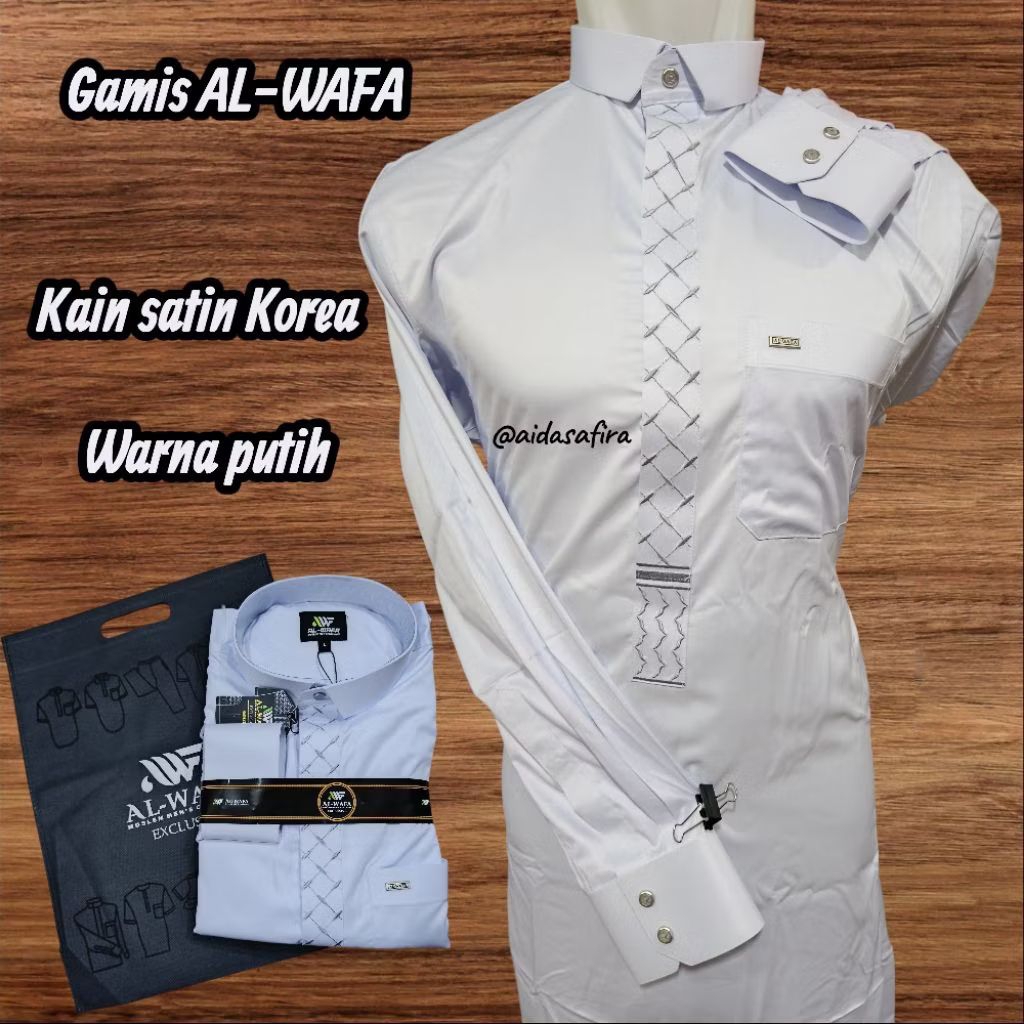 (AL-WAFA)JUBAH GAMIS DEWASA AL-WAFA PUTIH SATIN KOREA SIZE S M L XL/JUBAH PRIA AL-WAFA KANCING