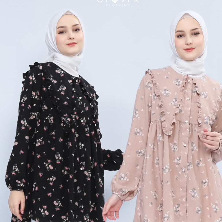 Tunic Wanita Felana by Clover Clothing Motif Bunga Busui Friendly Square Crinkle Premium