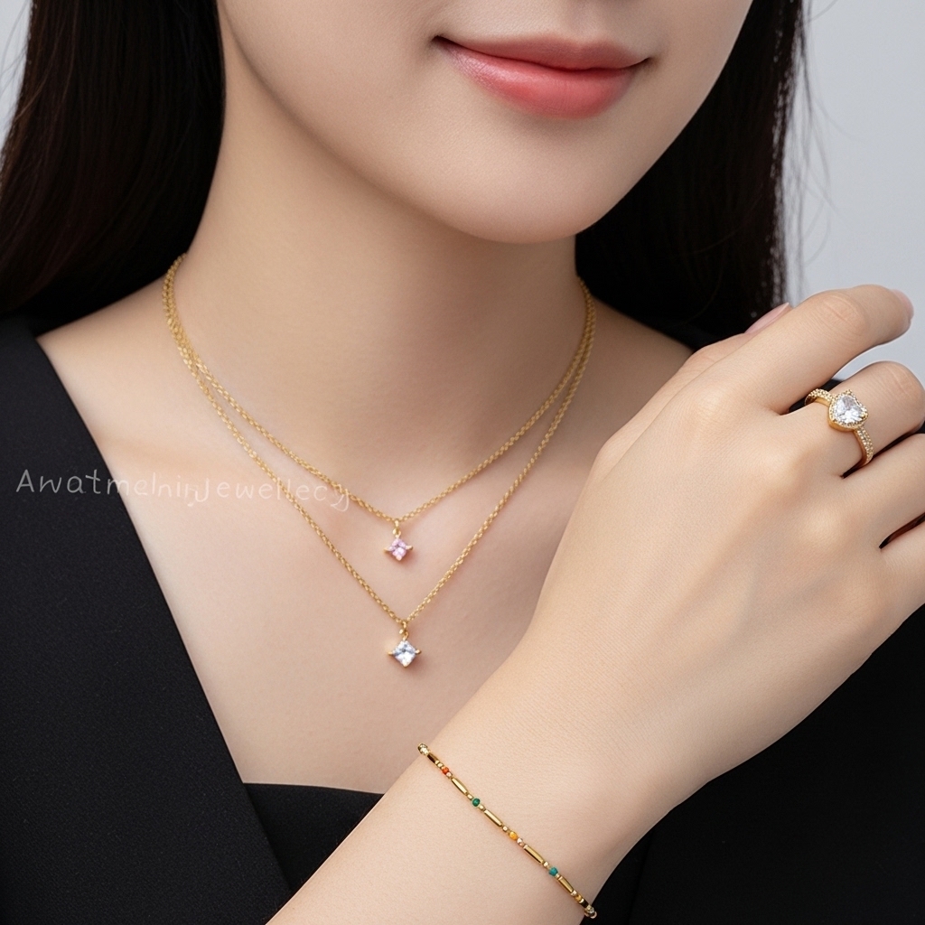 Set Aksesoris Titanium Wanita Kalung Layer Mata Pink Putih Gelang Batu Kecil Pelangi Plus Cincin Mod
