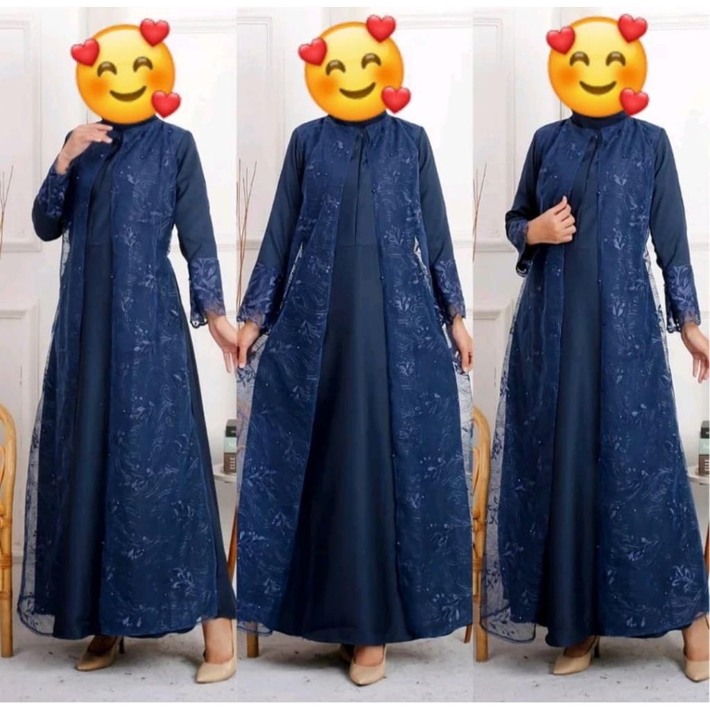 Gamis moscrepe kombinasi tile warna navy