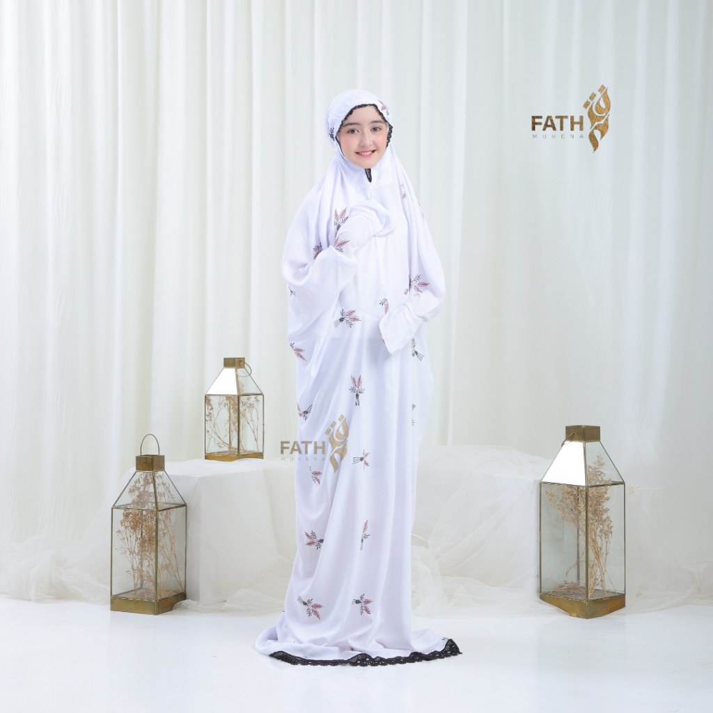 FATH - Mukena Terusan Anak Remaja Bordir Bunga Pita Rayon Premium Mukena Lajuran