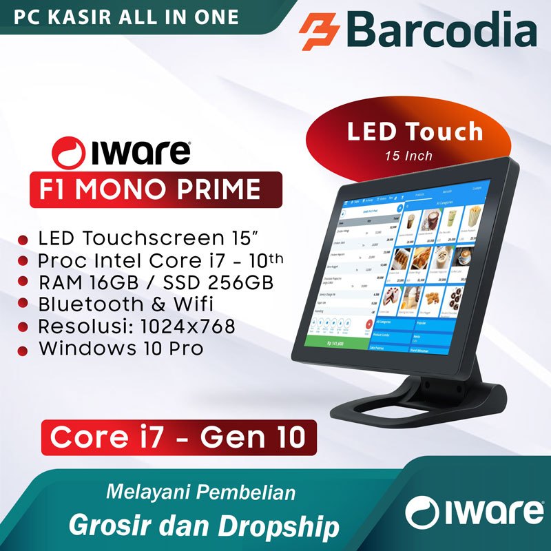 Mesin kasir POS All in One Iware F1 Mono Prime Plus Core i7 Gen10 RAM 16/256GB Touchscreen