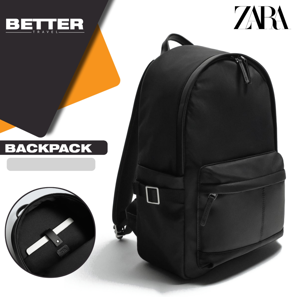 Tas ZARA backpack pria kuliah kantor daily ransel full black kasual