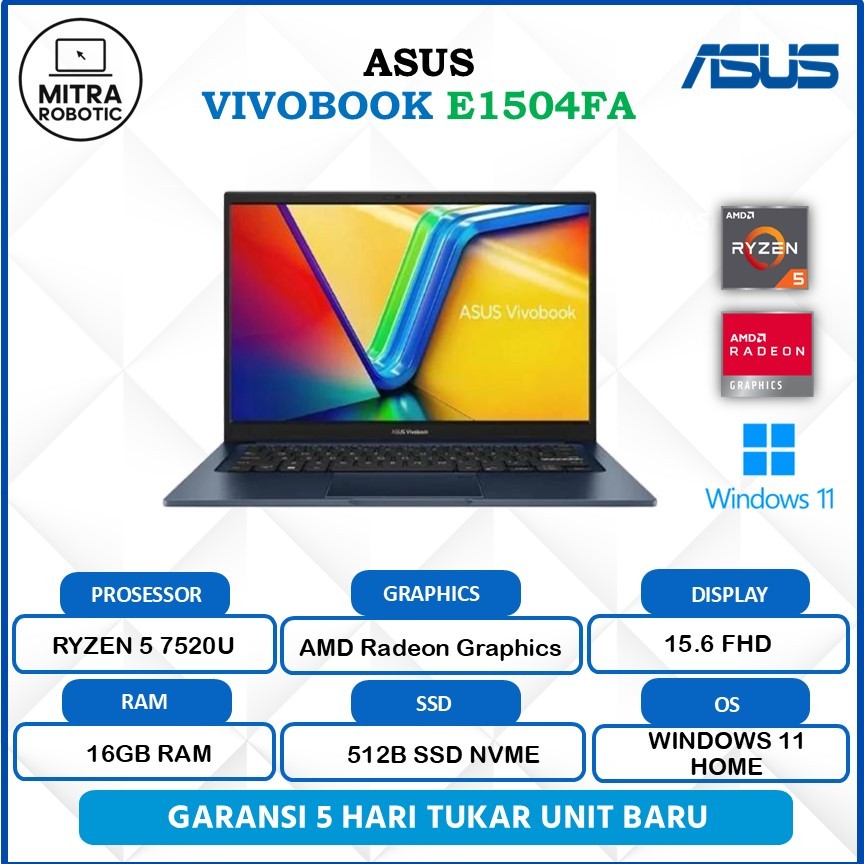 ASUS Vivobook 15 E1504FA Ryzen 5 7520U 16GB 512GB SSD 15.6 FHD WIN11