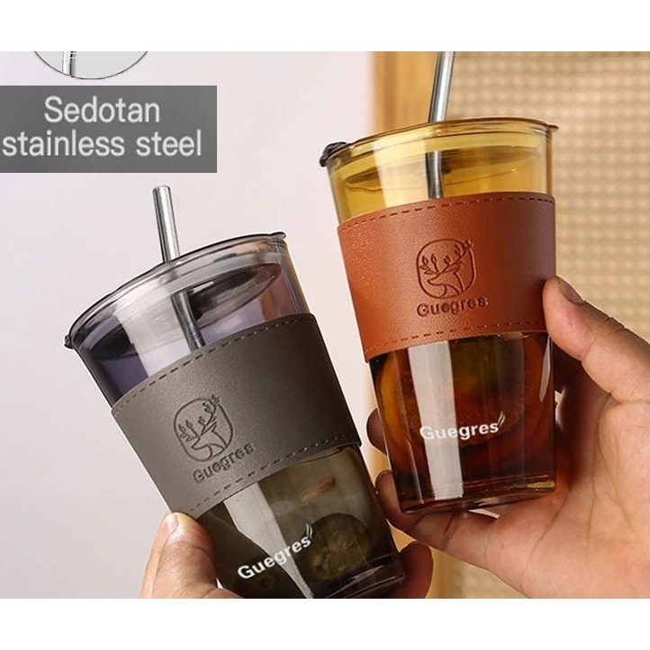 RUDTEC Gelas Kaca Tumblr Polos Panjang - Model Coklat, Desain Elegan, Kapasitas Besar