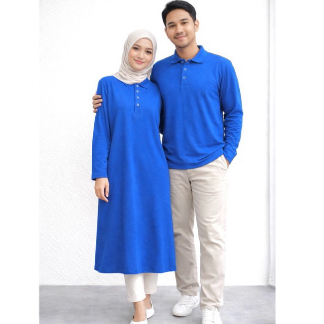 KAOS COUPLE POLO DRESS TUNIK BIRU TURKIS - BAJU MUSLIM PASANGAN