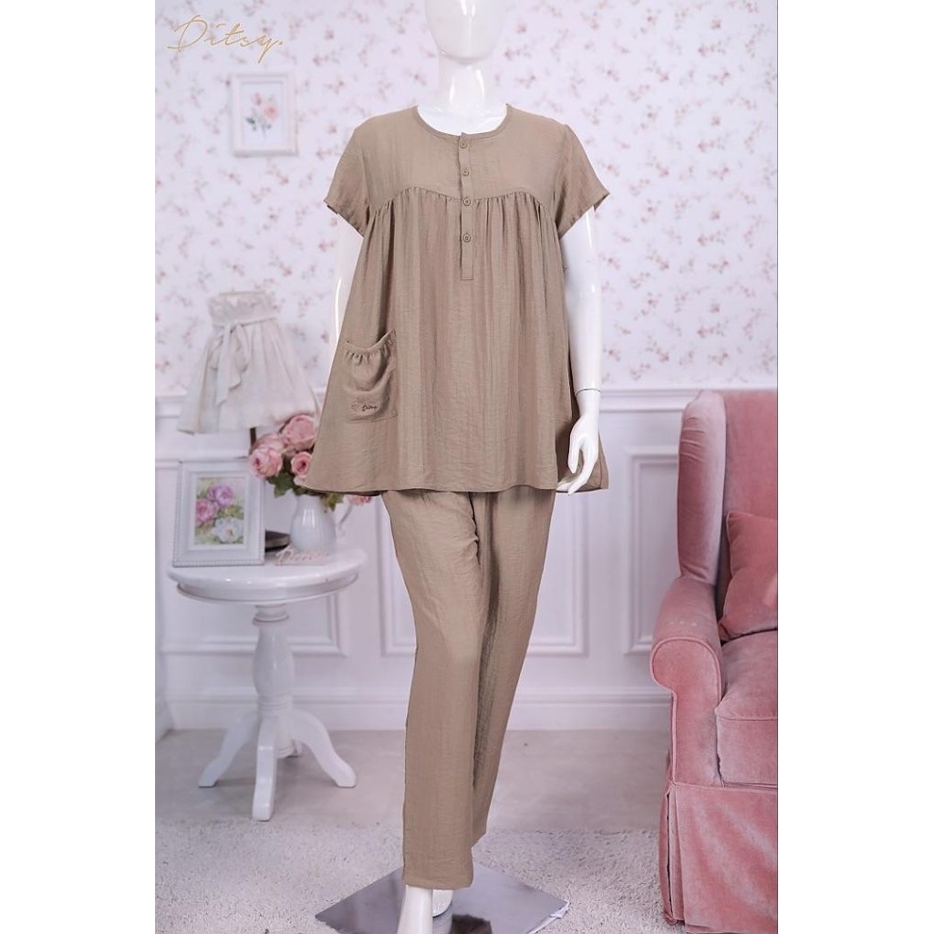 Paw Taupe Pajamas Ditsy Linen Viscos Piyama Setcel Baju Tidur nyaman adem cantik