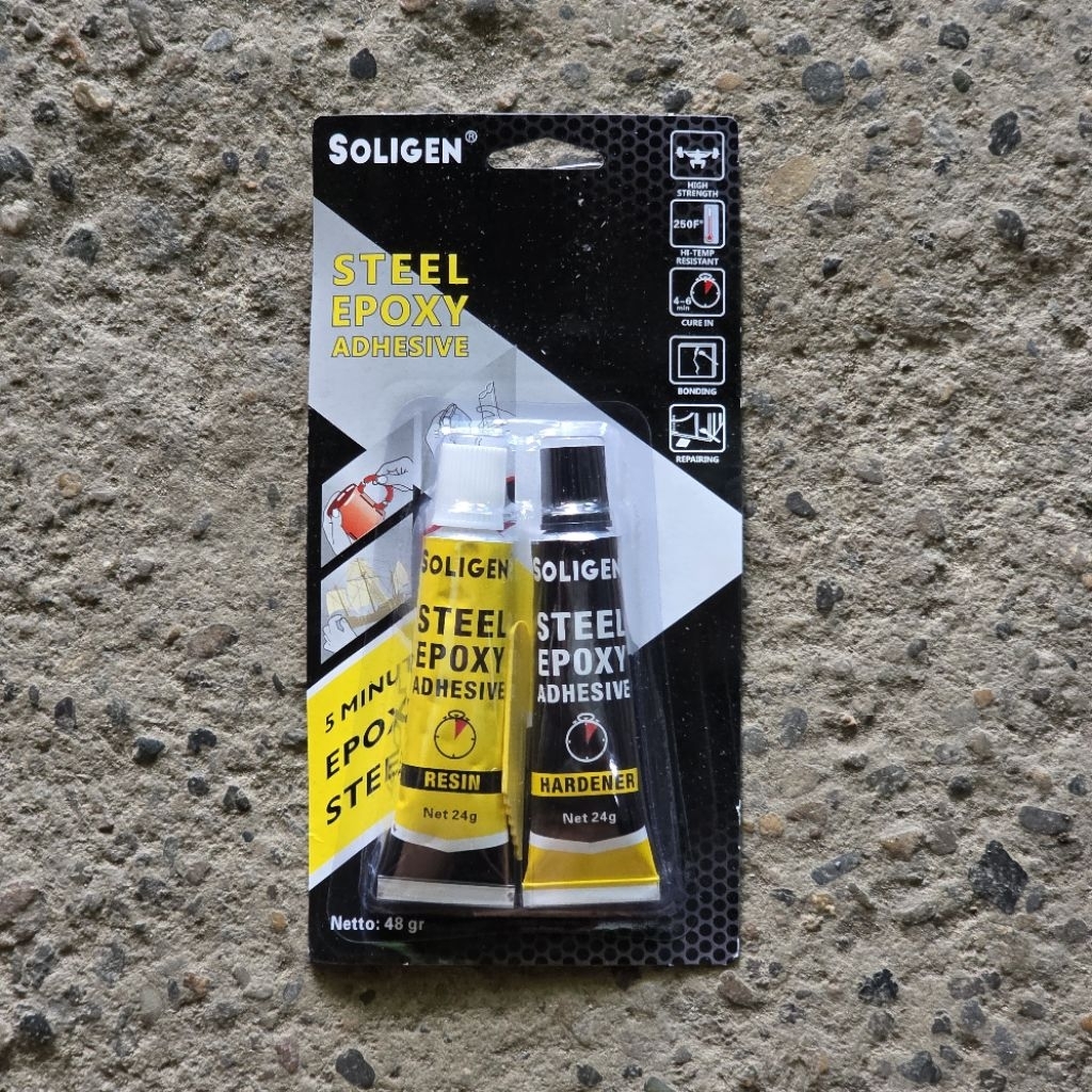 Lem besi 5 menit soligen / Steel epoxy adhesive soligen / lem dextone soligen / lem epoksi hitam sol