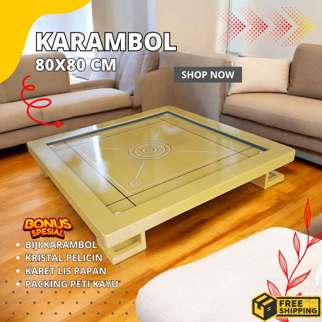 Meja Karambol Satu Set Lengkap Kayu Meranti Ukuran 80x80 cm