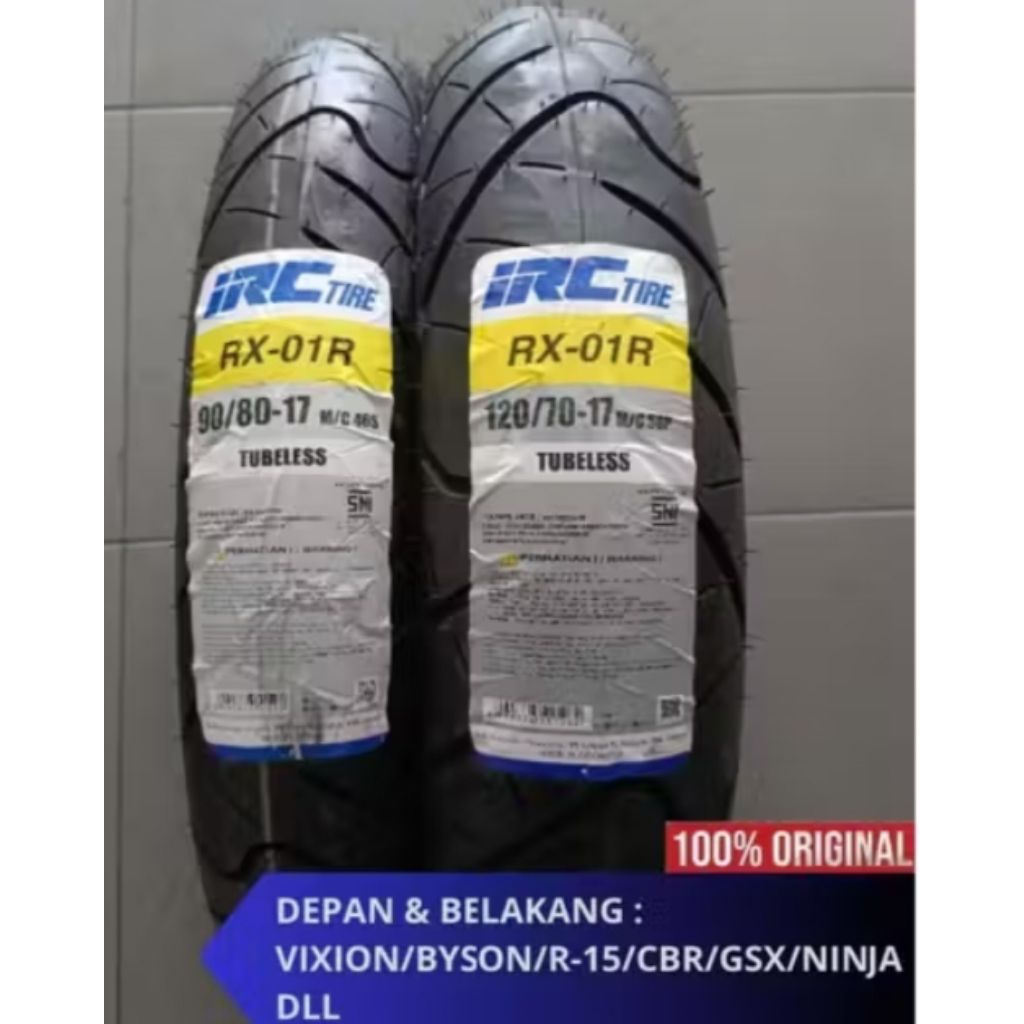 BAN DEPAN BELAKANG IRC RX01 UKURAN 90/80-17 & 120/70-17 RING 17 TUBLLESA BAN UNTUK MOTOR VIXION GSX 