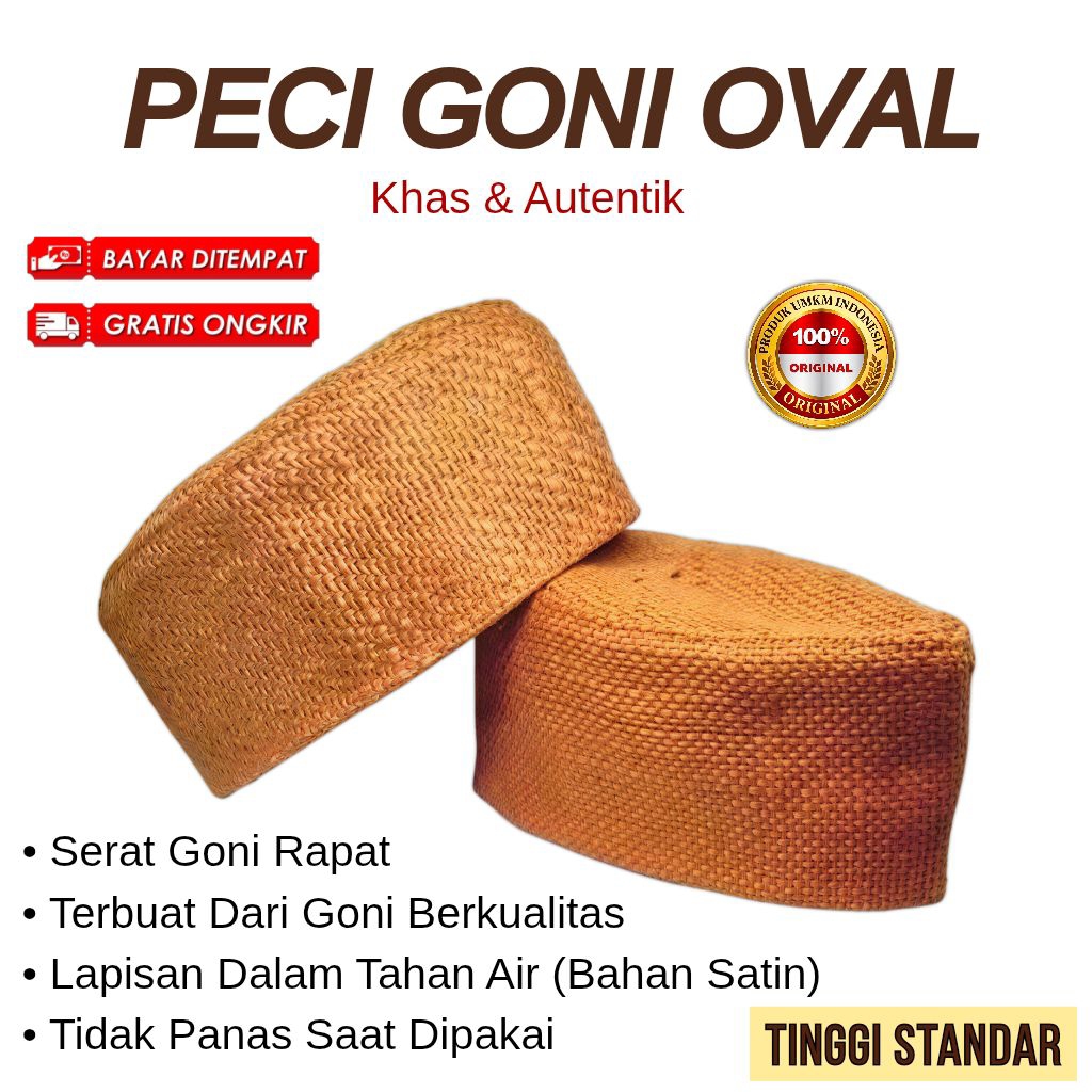 Peci Goni Oval Sederhana Warna Coklat / Kopiah Goni Lentur / Peci Goni Oval Habib Bahar / Peci Karun