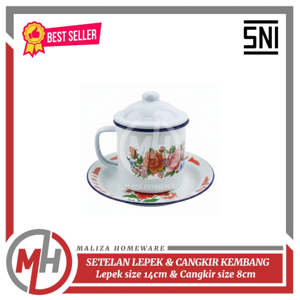 Setelan 3pcs Lepek & Cangkir Enamel Kembang