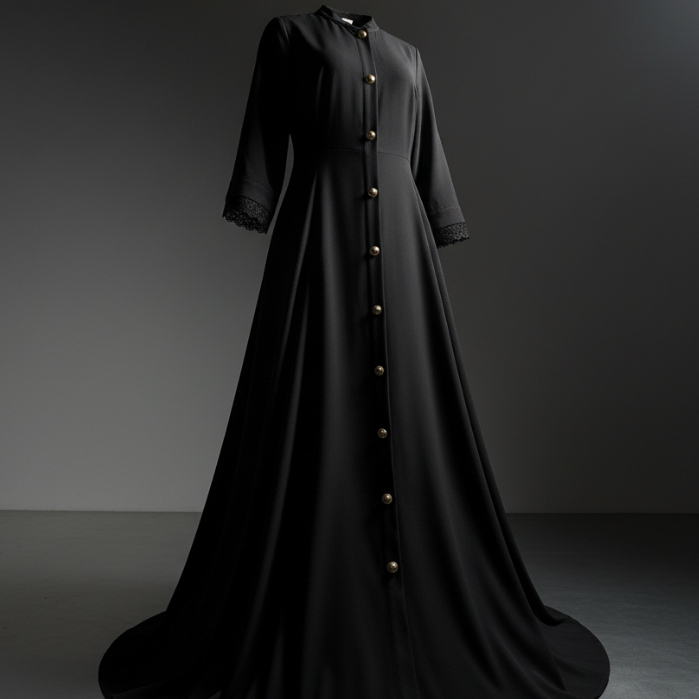 Kawabata - Gamis Wanita Polos Hitam Kancing Depan Simple