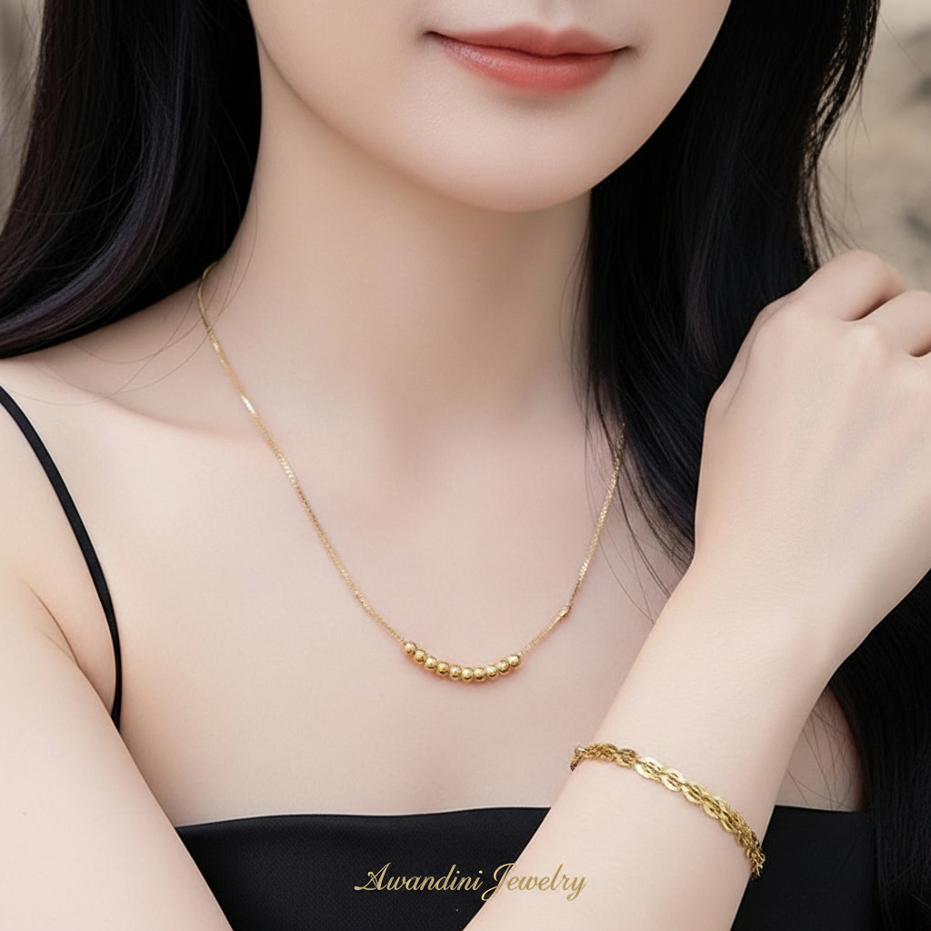 Aksesoris Titanium Kalung 6 Boba Itali dengan Gelang Rantai Sisik Ikan Mewah Awandini Jewelry