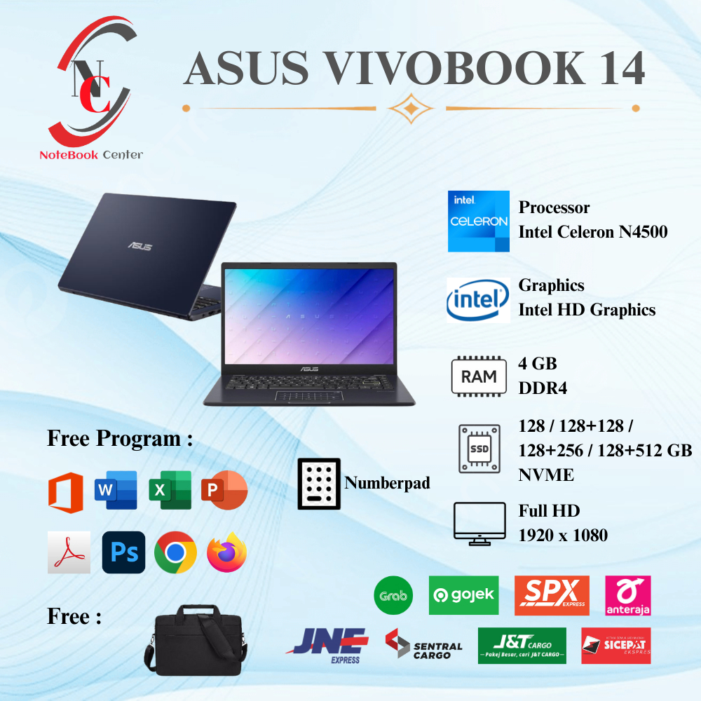 Laptop Baru Asus Vivobook 14 Intel Celeron N4500 2Cpus up 2,8Ghz