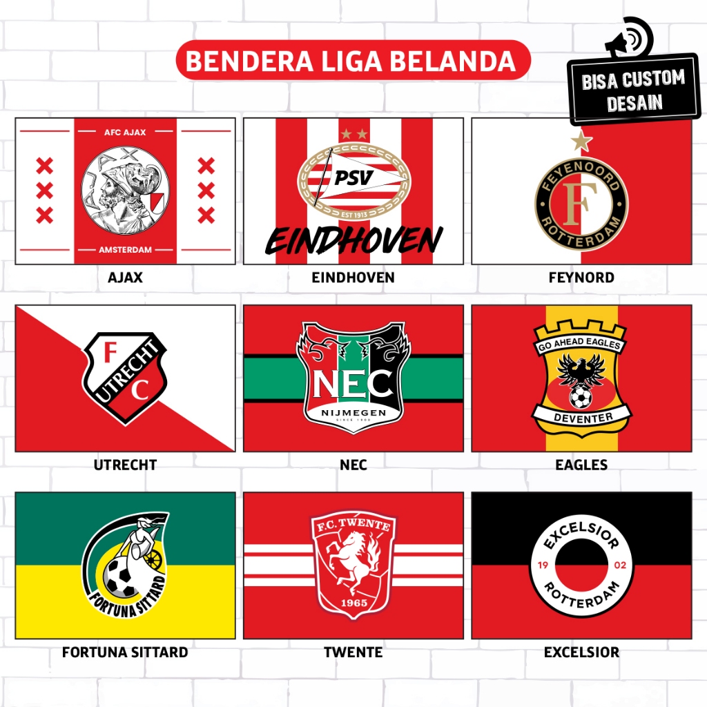 Bendera Liga Belanda Eredivisie Ajax Amsterdam, PSV Eindhoven, Feyenoord, NEC Nijmegen, Utrecht, Twe