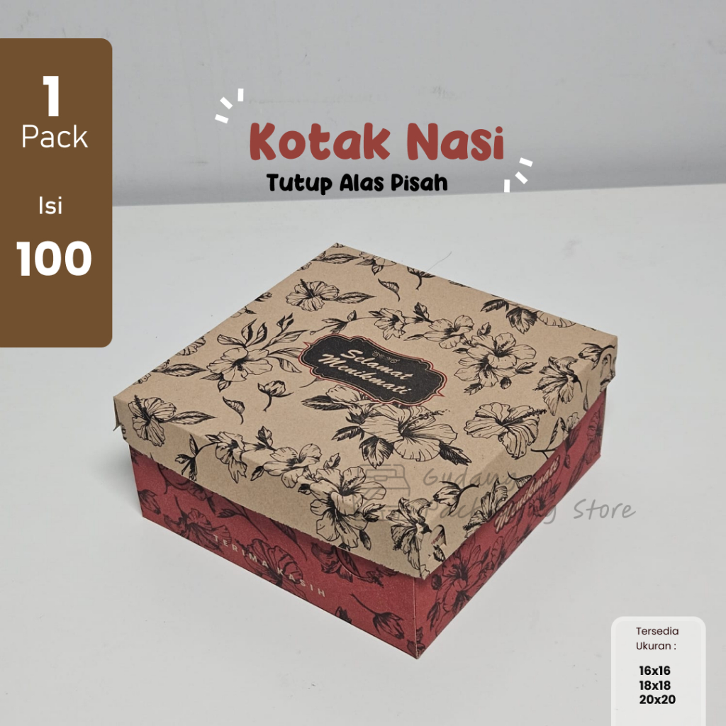 50 set / Box Nasi Kraft Motif / Dus Nasi /Box Nasi / Kotak Nasi /  Kembang Delima