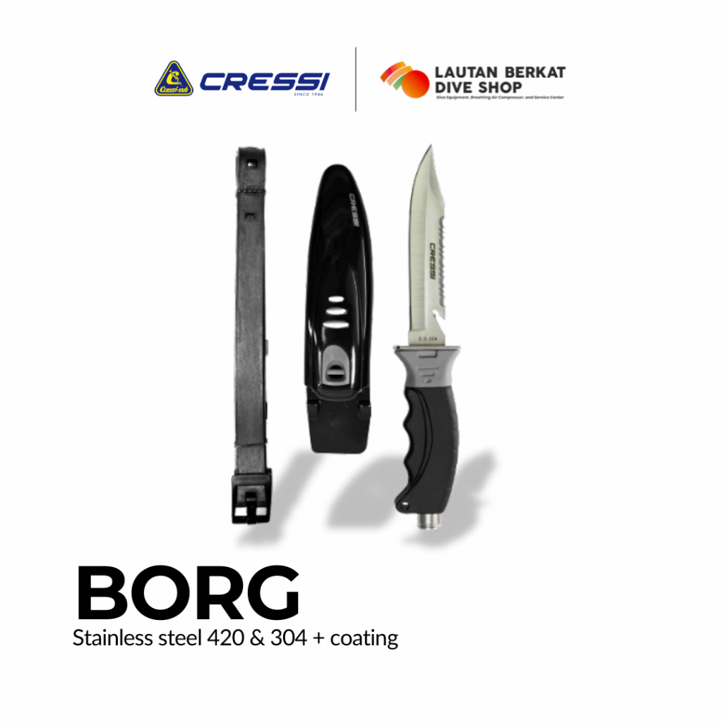 Knife Cressi Borg RC559100 / Pisau Selam Scuba Diving Stainless Steel dengan Sheath & Leg Straps