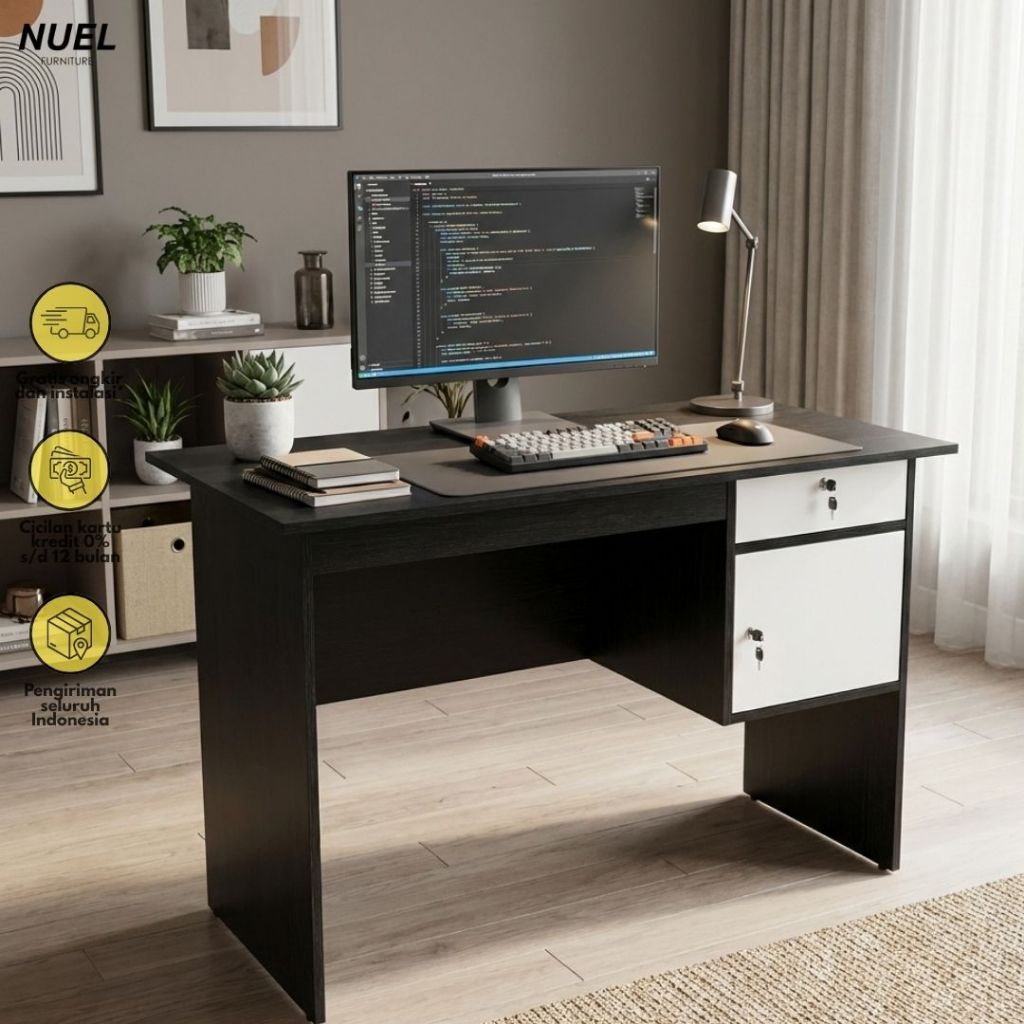 NUEL Meja Kantor / Meja Laptop / Meja Kayu / Meja Setengah Biro Kayu