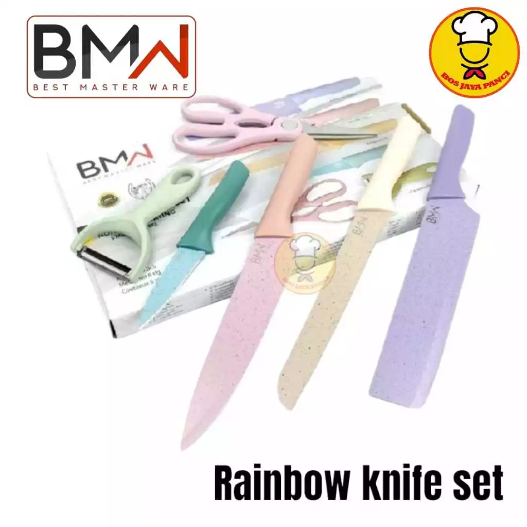BMW Pisau set rainbow 6in1, pisau set warna warni, pisau set lengkap, souvenir pisau praktis, pisau 