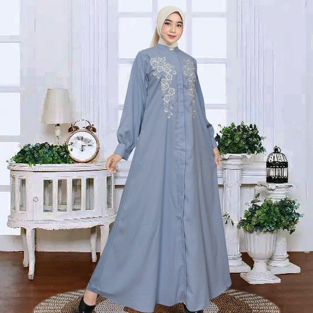 gamis bordir/gamis muslimah/biru muda/gamis grosir/gamis premium/gamis kekinian