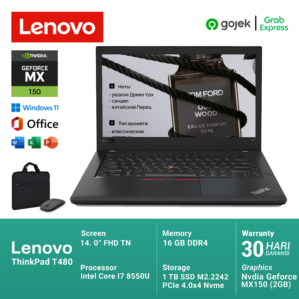 Lenovo ThinkPad T480 VGA Core I7 Gen 8 RAM 16GB SSD 512GB NVDIA GEFORCE MX150 Bonus Tas dan Mouse