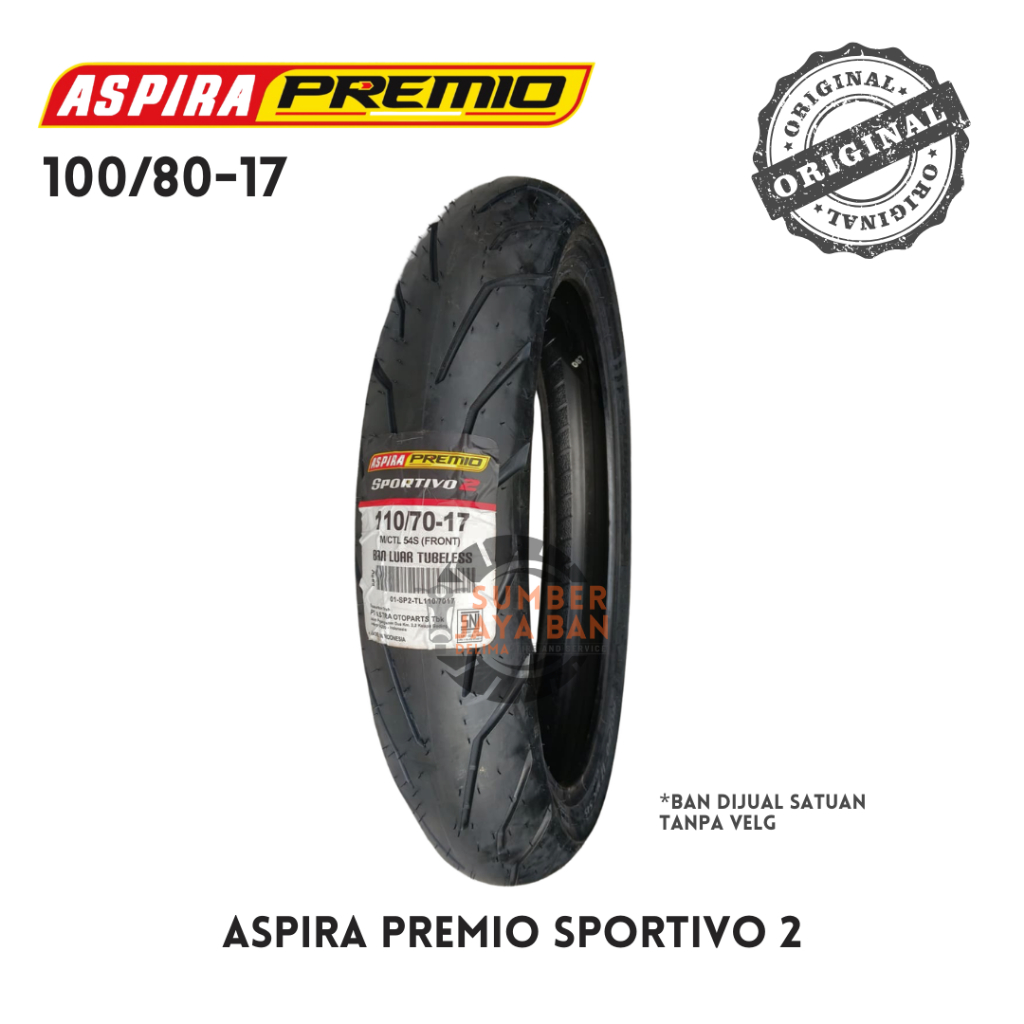 Aspira Premio Sportivo 2 100/80-17 Ring 17 100/80 Tubeless Tubbles Ban Motor Bebek Manual