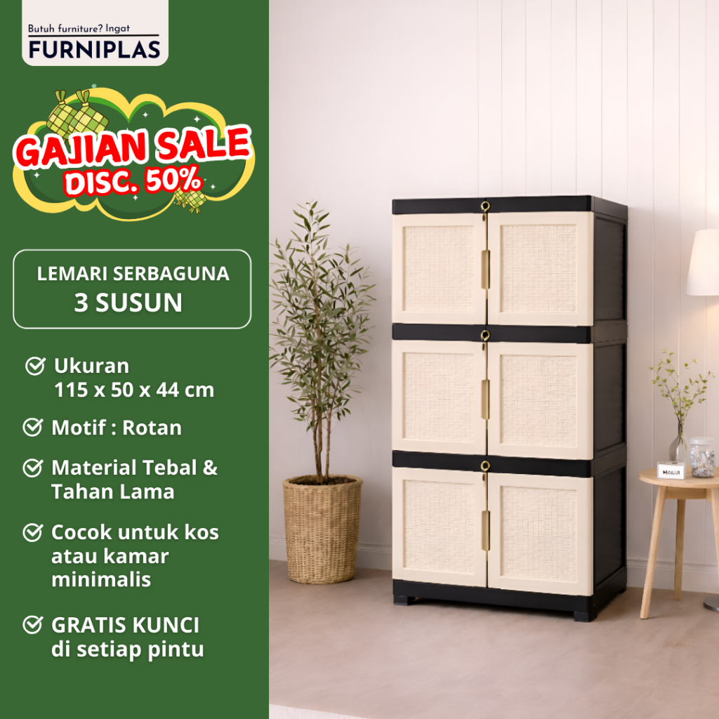 Furniplas WAPOLIN Lemari Plastik Pakaian Susun 3 Motif Rotan Premium Plastic Warna Cream Ukuran 44 x