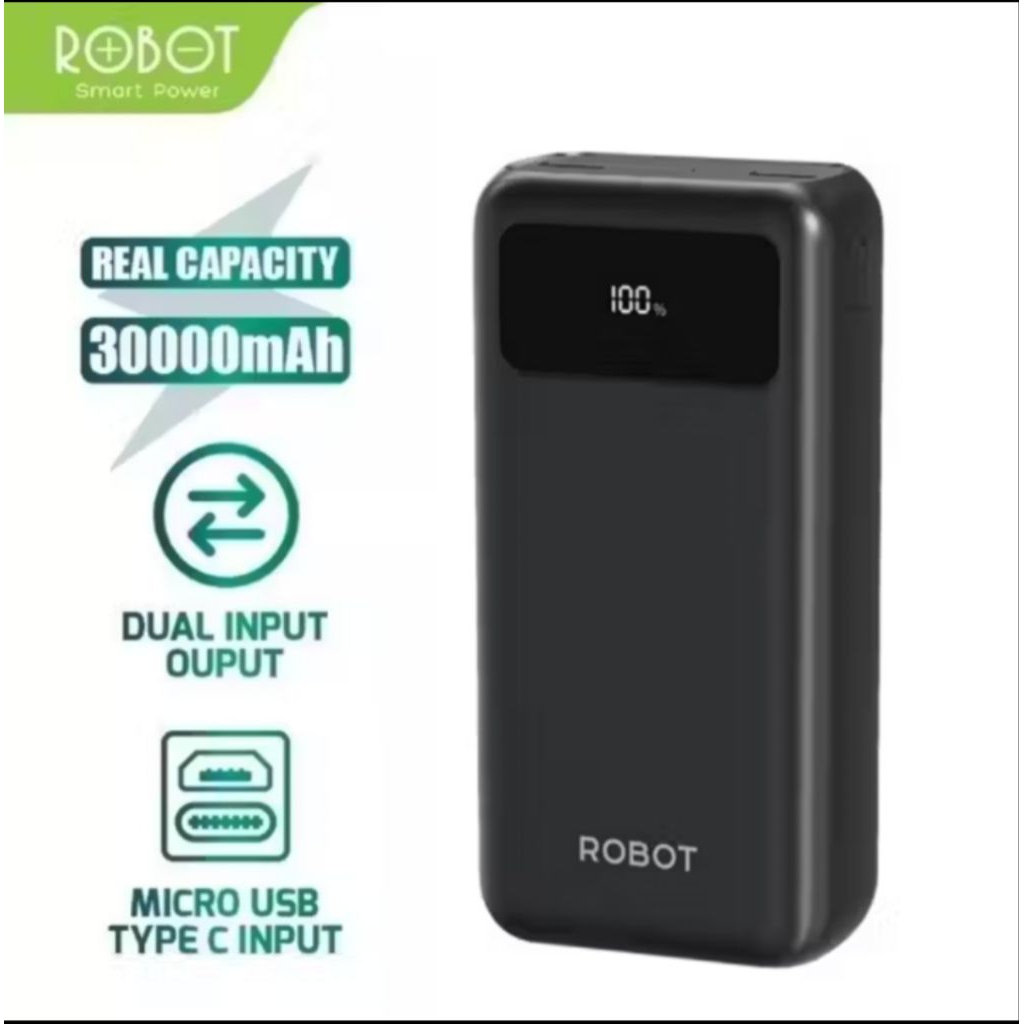 ROBOT Powerbank 30000 mAh Fast Charging 22.5W 3 Port USB Type C LED RT32 Original