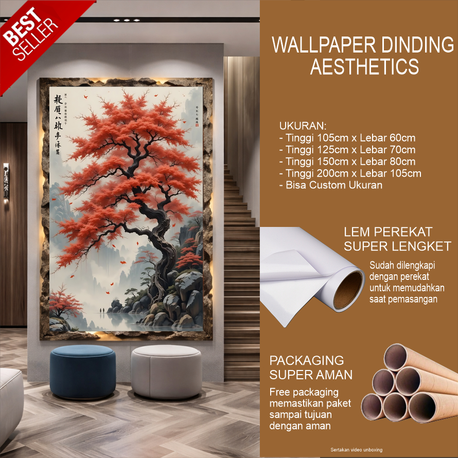 Wallpaper Stiker Dinding Costum 3D Gambar New Tema Pemandangan 3 Bunga Sakura Estetik