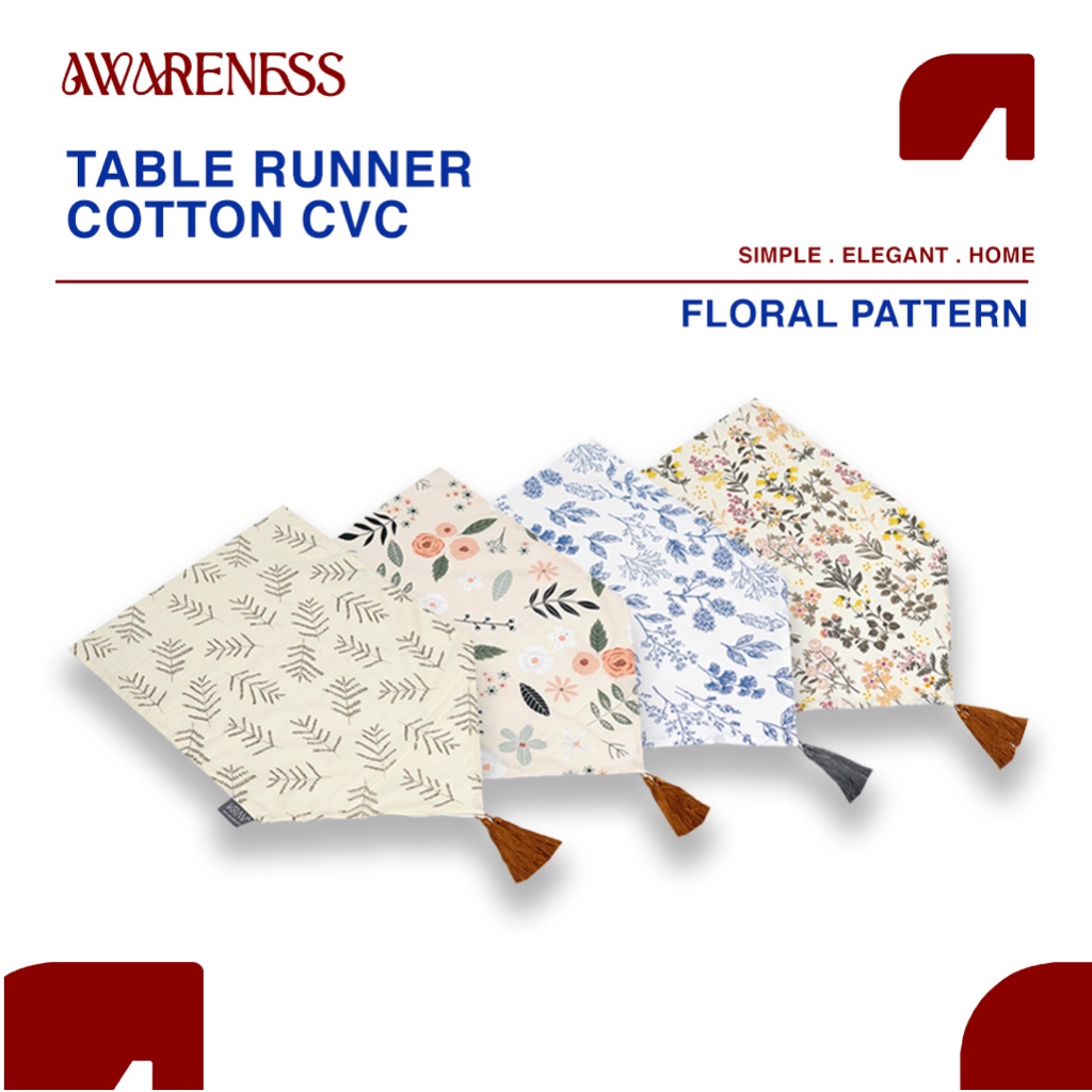 AWARENESS LIVING - Floral Series 1 Table Runner Cotton Cvc - Taplak Meja Ruang Tamu Katun Cvc