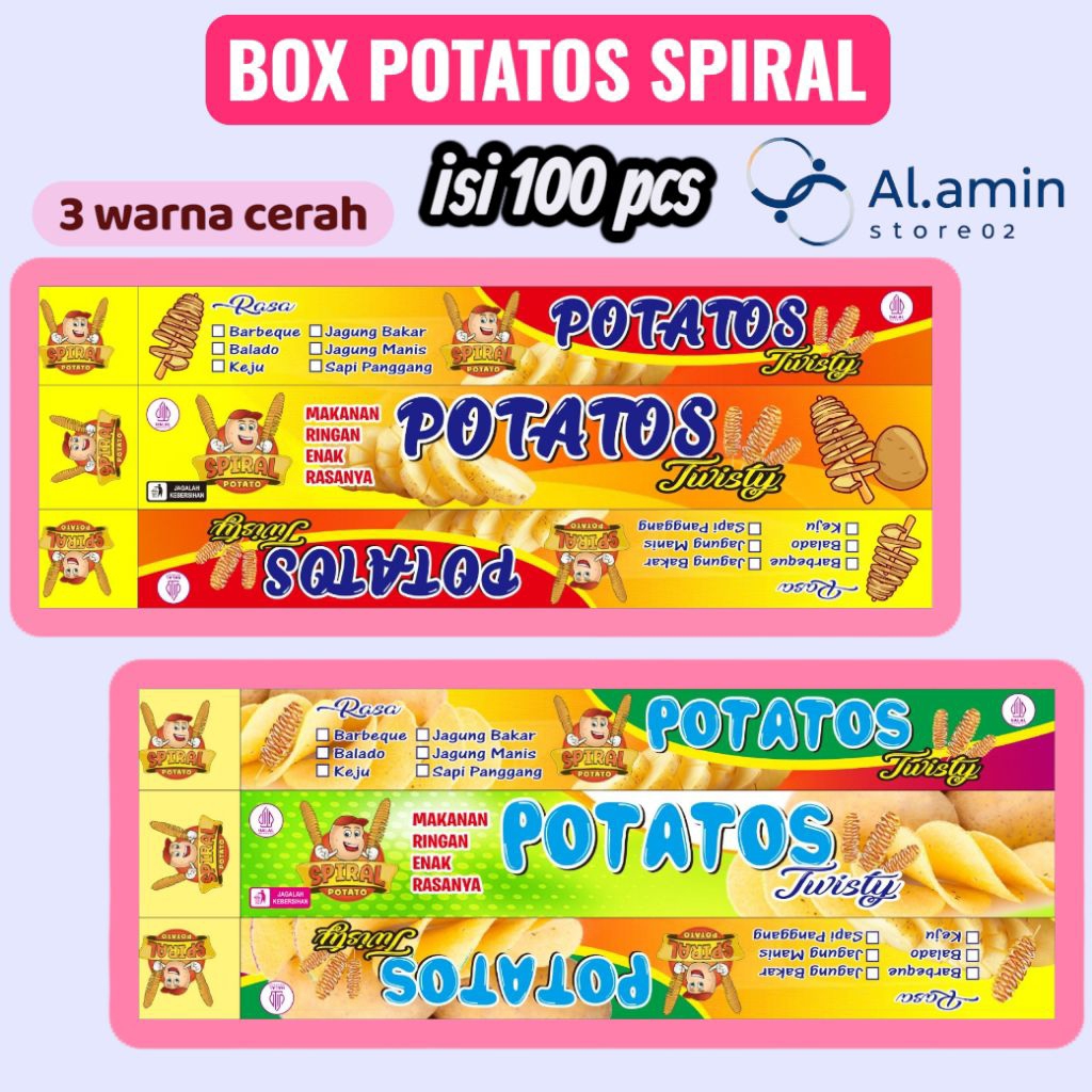 Box kentang spiral/dus kentang goreng/kemasan POTATOS spring laminasi isi 100 pcs