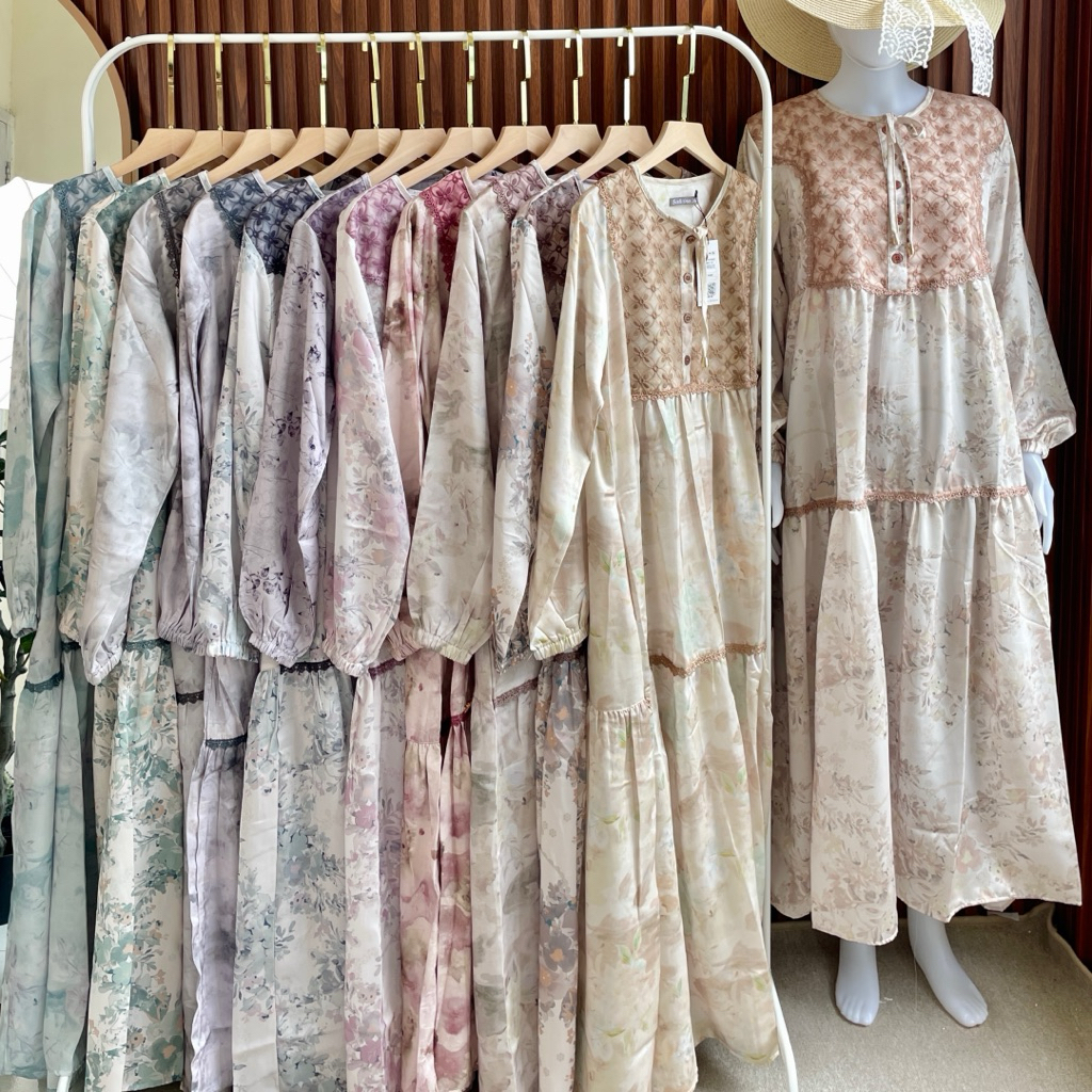 Dress Slavina YS Original Gamis Lebaran Wanita Bahan Swiss Belle Premium Motif Floral Elegant Busui 