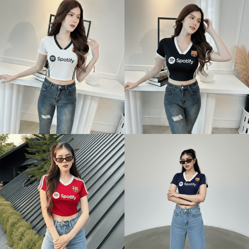Crop Top Vneck Bahan Stretch Barcelona Wanita Barca - Fans Club Football Edition, Crop Body Fit Dari