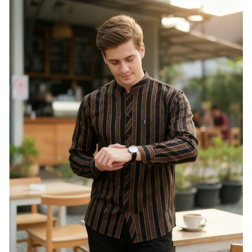 Asakhi Kemeja Koko Lurik Jawa Batik Katun Lengan Panjang Formal Hitam Mix Lurik
