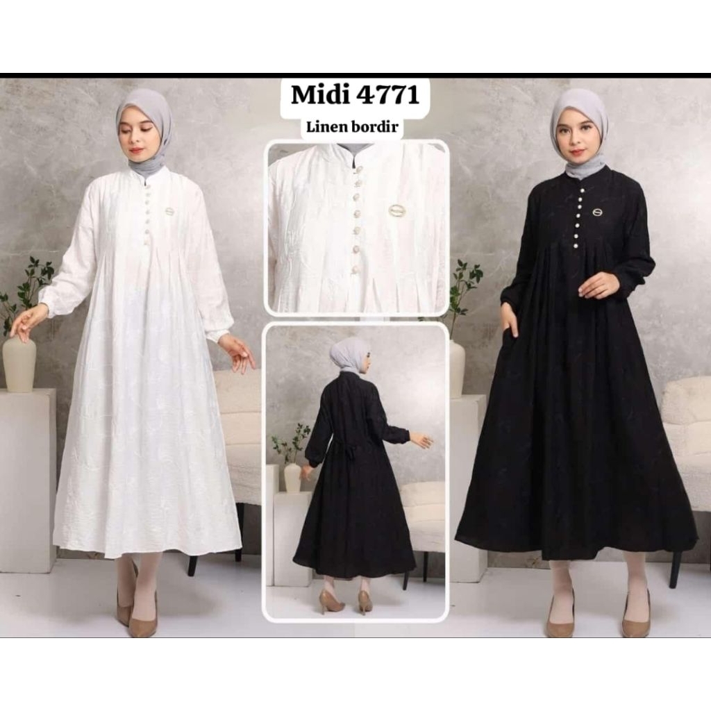 Midi Dress Najwa Bahan Polo Linen Premium Import Motif Full Bordir Midi Dress Najwa