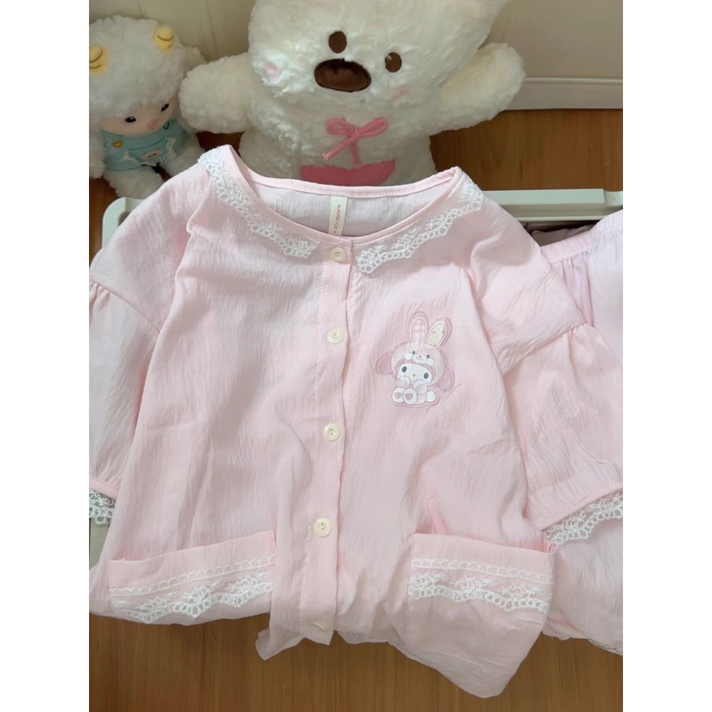 [PREORDER My Melody] Pink Rabbit Plaid Pajamas Set – Baju Tidur Wanita Musim Panas